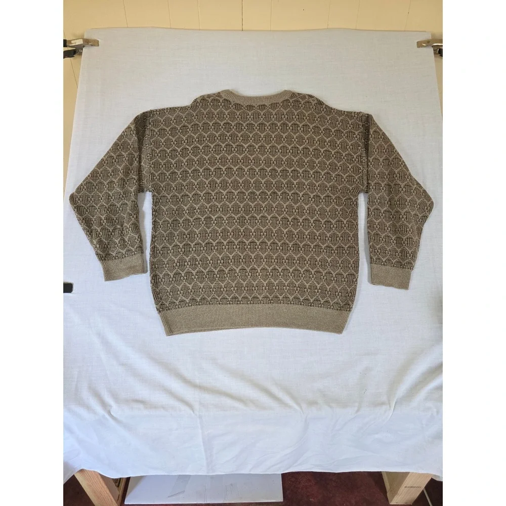Vintage Y2K Geometric Knit Crewneck Sweater XXL Tan Brown Grandpacore